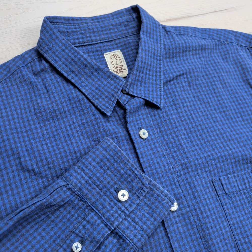 Hiroshi Kato Flannel Shirt Mens Large Cobalt Mini Check Cotton Linen Japanese